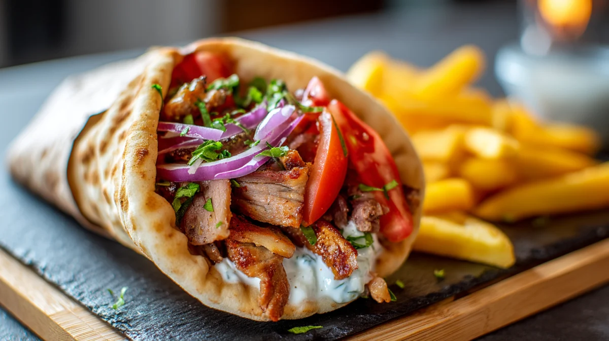 Grilled Meat Wrap with Fresh Vegetables and Fries